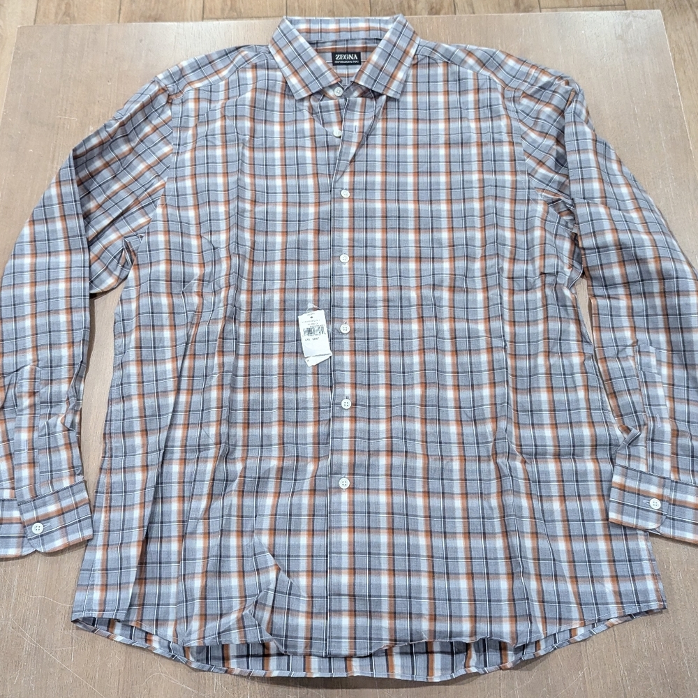 Mens Ermenegildo Zegna Check Pattern LS Button Up Shirt Gray/Brown